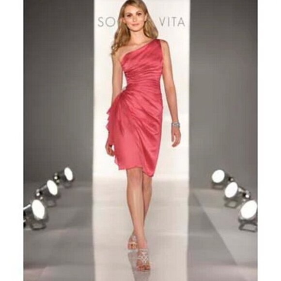 Sorella Vita Fuschia One Shoulder Satin Ruffle Cocktail Dress - Picture 1 of 3